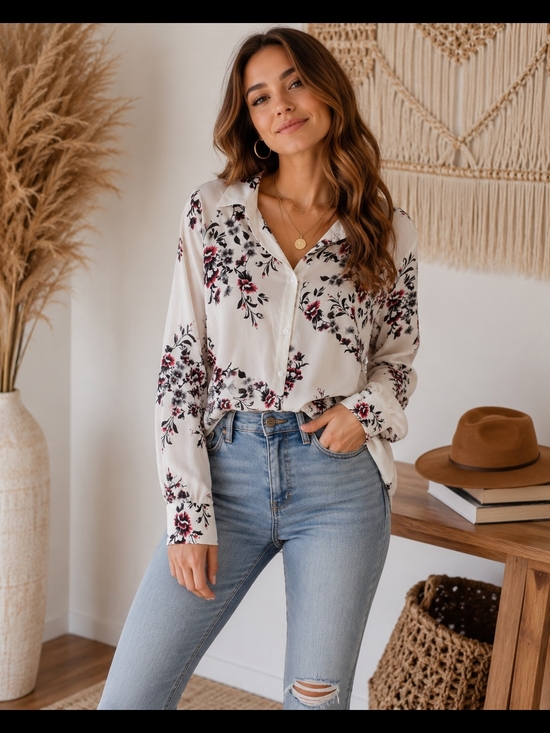 oibili Tops - Ivory Floral Button-Down Shirt with Burgundy Accents